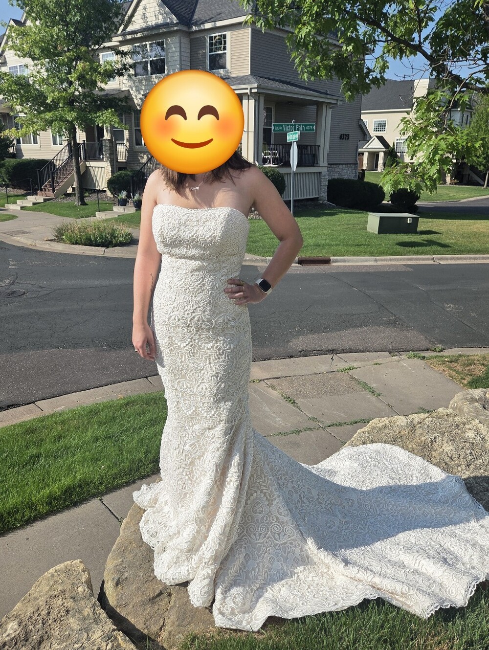 Size 4 ivory on cream crochet lace strapless fitted trumpet bridal gown Mori Lee